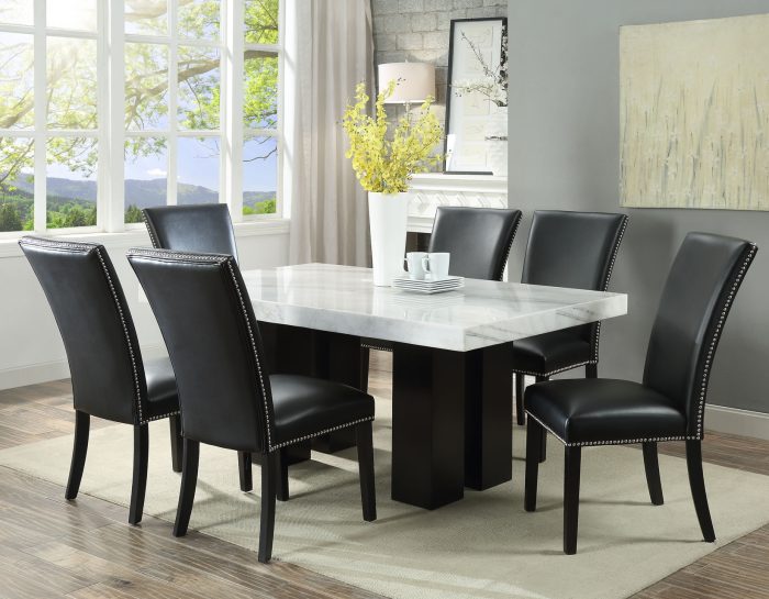 Camila Marble Dining Group<br>(Table & 4 Blue Velvet Side Chairs)<br>Black and Silver Side Chairs Can Be Added Optionally - Image 3
