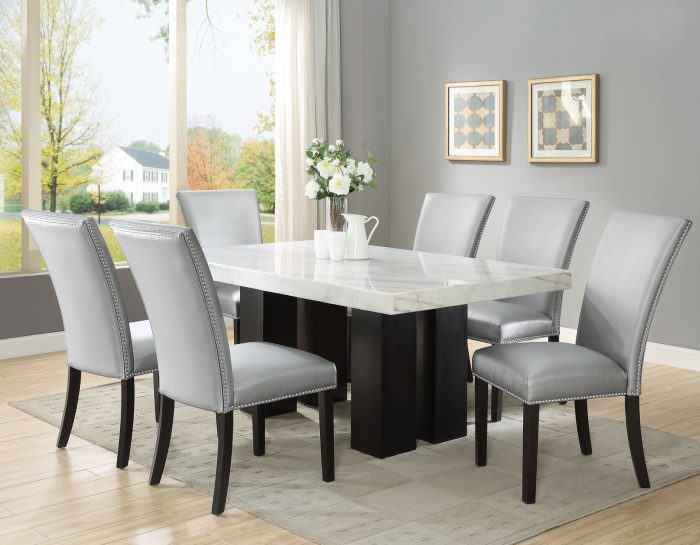 Camila Marble Dining Group<br>(Table & 4 Blue Velvet Side Chairs)<br>Black and Silver Side Chairs Can Be Added Optionally - Image 2
