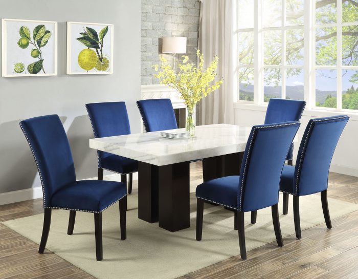 Camila Marble Dining Group<br>(Table & 4 Blue Velvet Side Chairs)<br>Black and Silver Side Chairs Can Be Added Optionally