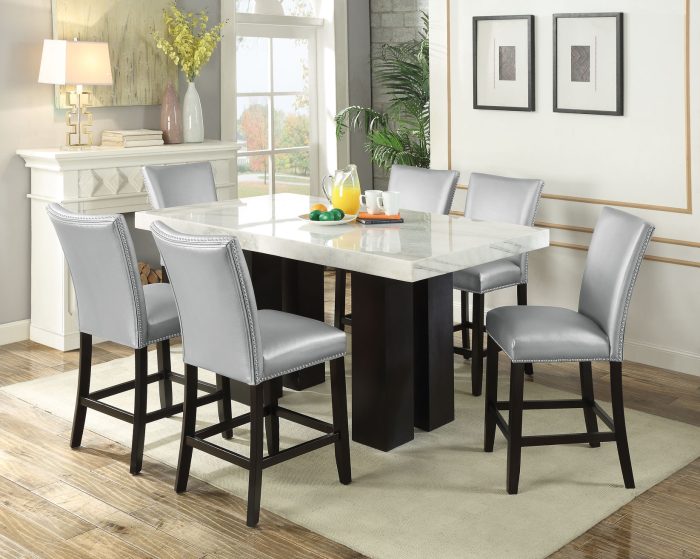 Camila 7 Piece Rectangular White Marble Top Counter Dining Set<br>(Counter Table & 6 Counter Chairs) - Image 2