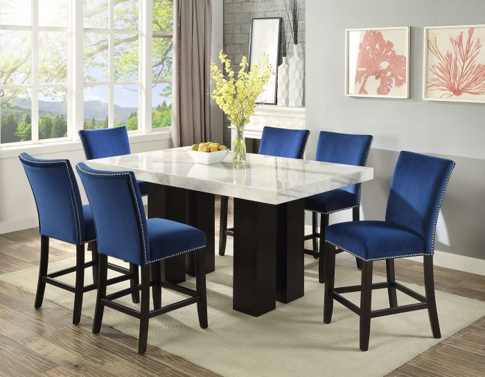 Camila 7 Piece Rectangular White Marble Top Counter Dining Set<br>(Counter Table & 6 Counter Chairs) - Image 3