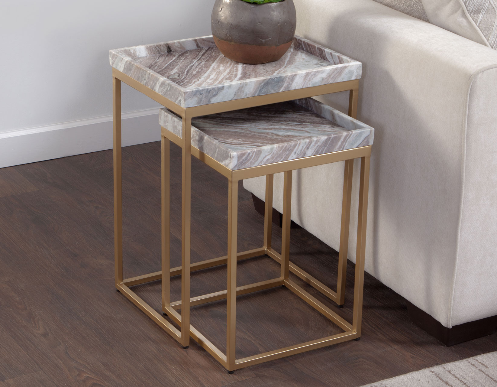 Chantel Solid Brown Marble Top Nesting Tables