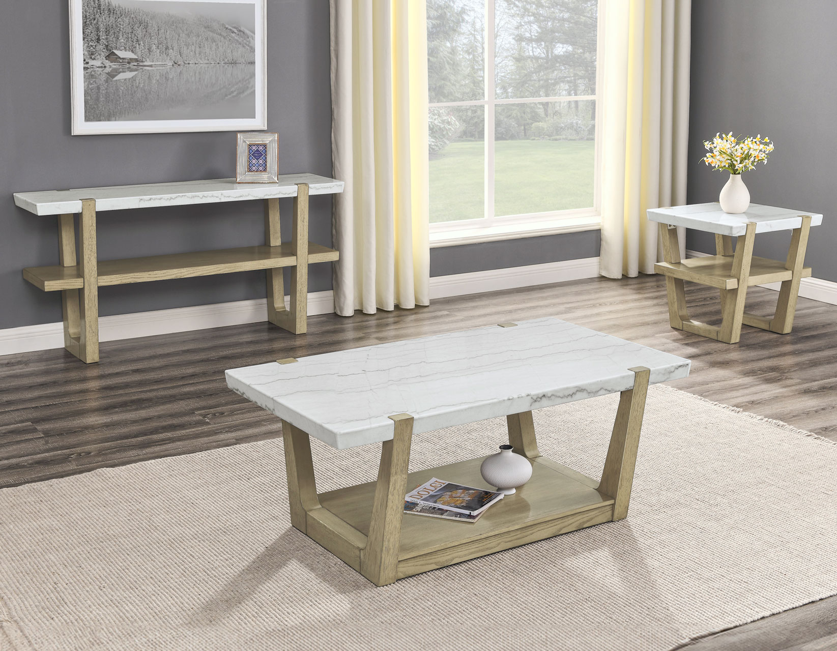 Perth White Marble Top Cocktail Table with Casters - Image 9