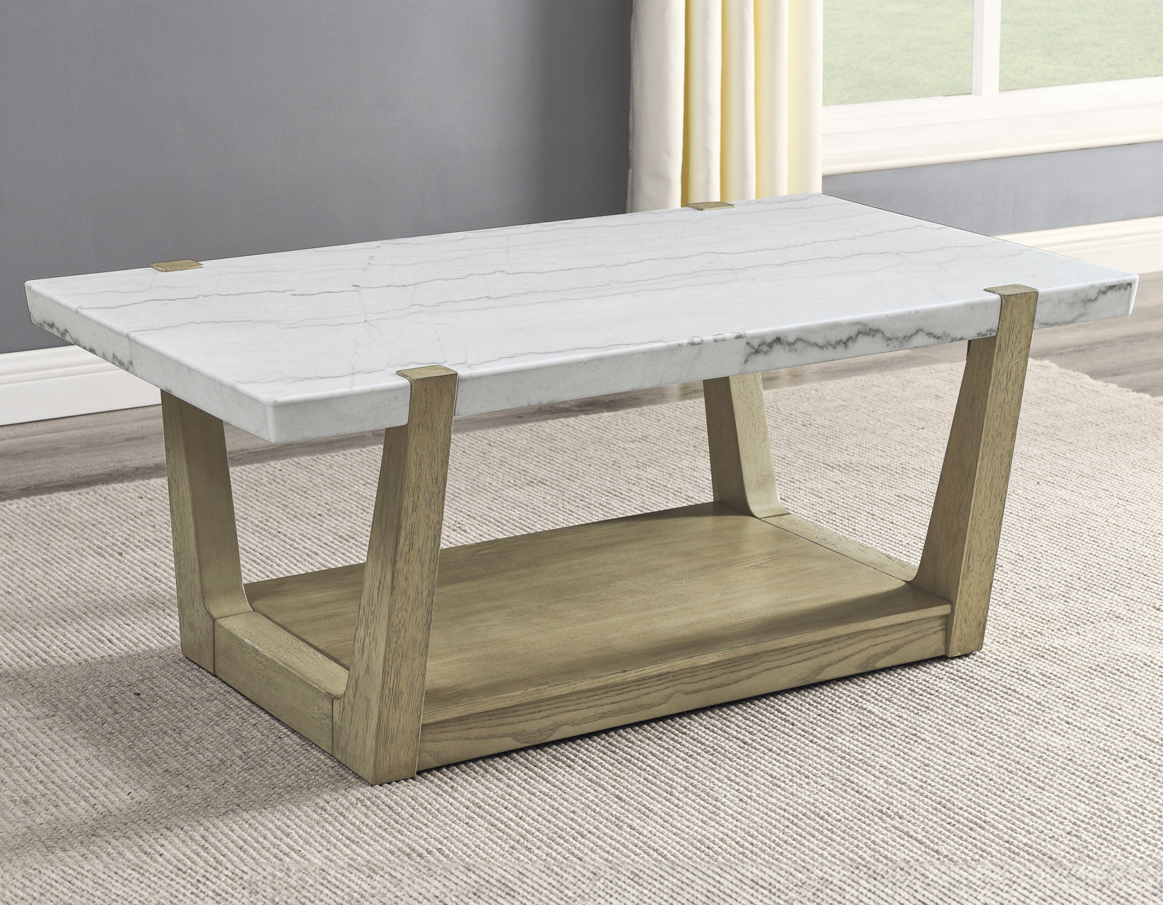 Perth White Marble Top Cocktail Table with Casters - Image 2