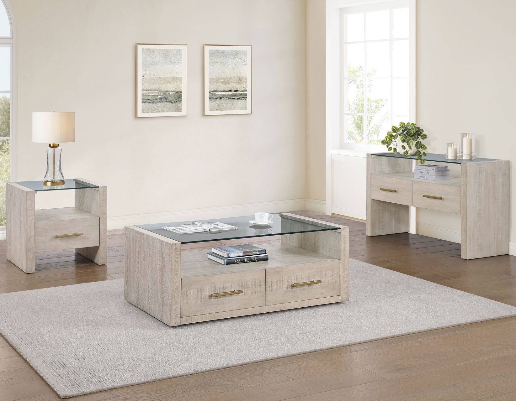 Garland, Sofa Table, Glass Top, Washed Parchment Finish - Image 8